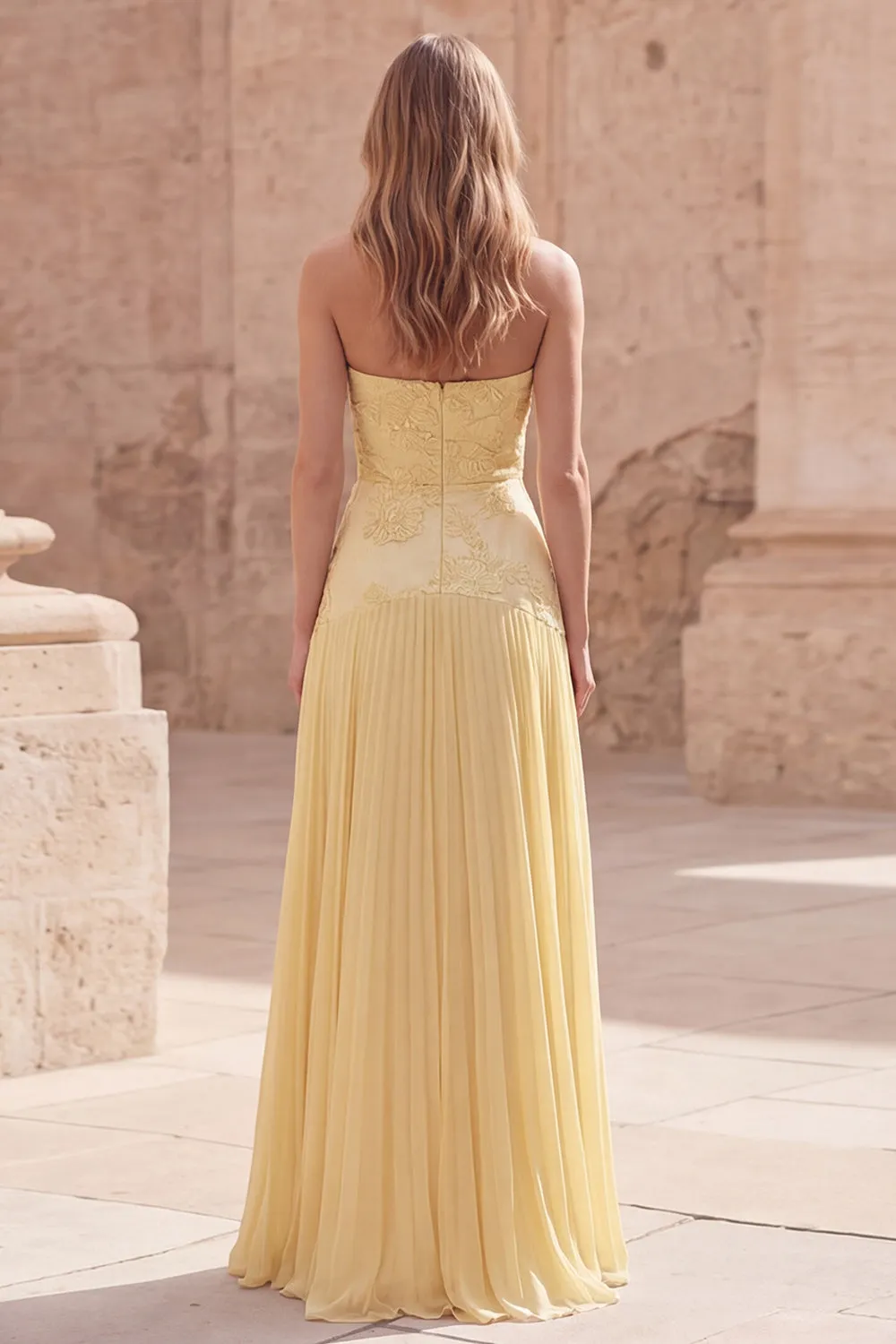 Strapless Yellow Floral A Line Pleated Long Prom Dress sold by Zapaka product image thumbnail 2