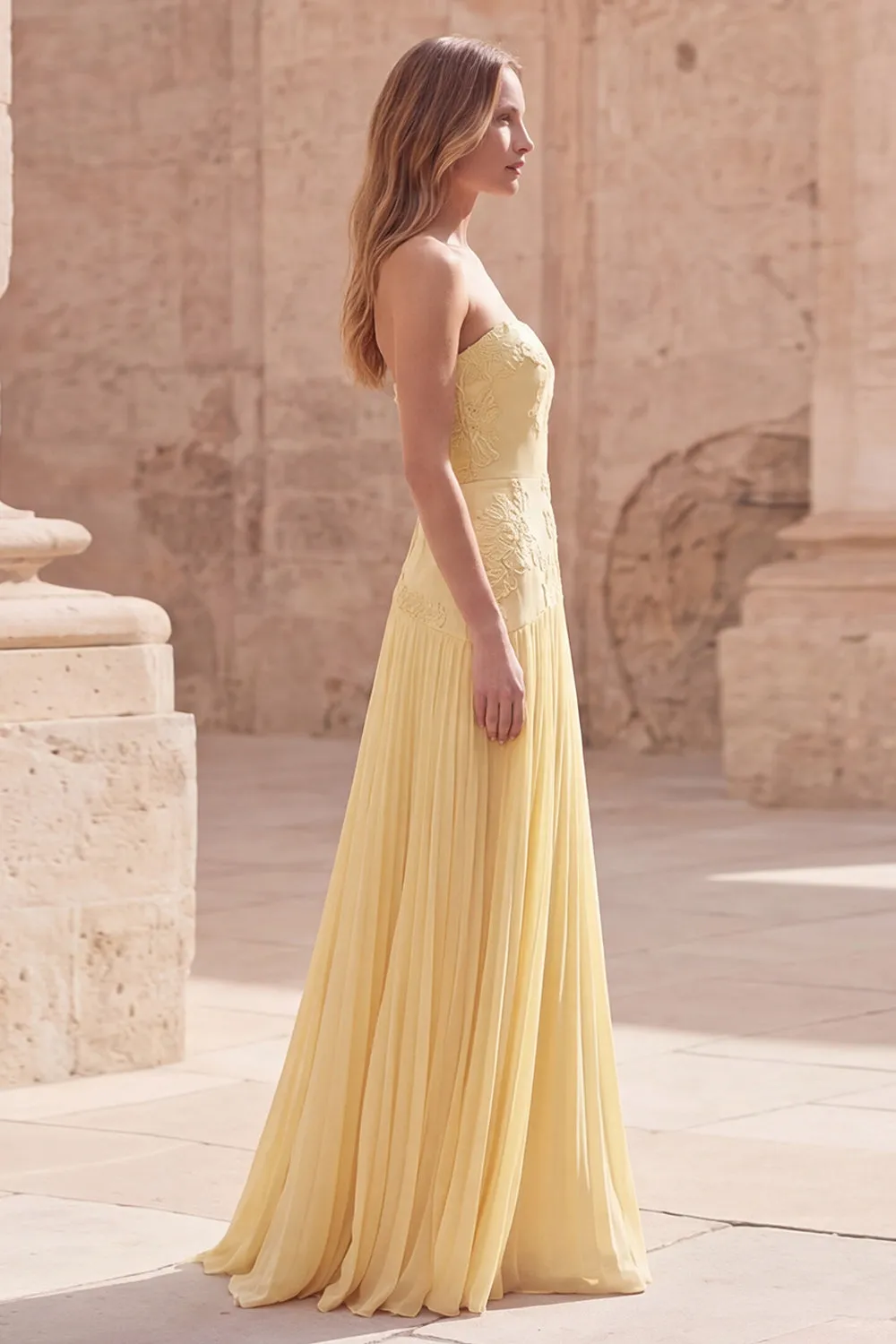 Strapless Yellow Floral A Line Pleated Long Prom Dress sold by Zapaka product image thumbnail 3