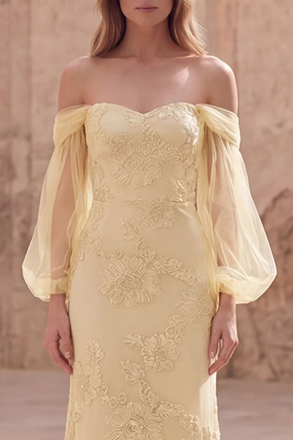 Off the Shoulder Yellow Mermaid Appliqued Long Prom Dress with Sleeves sold by Zapaka product image thumbnail 4