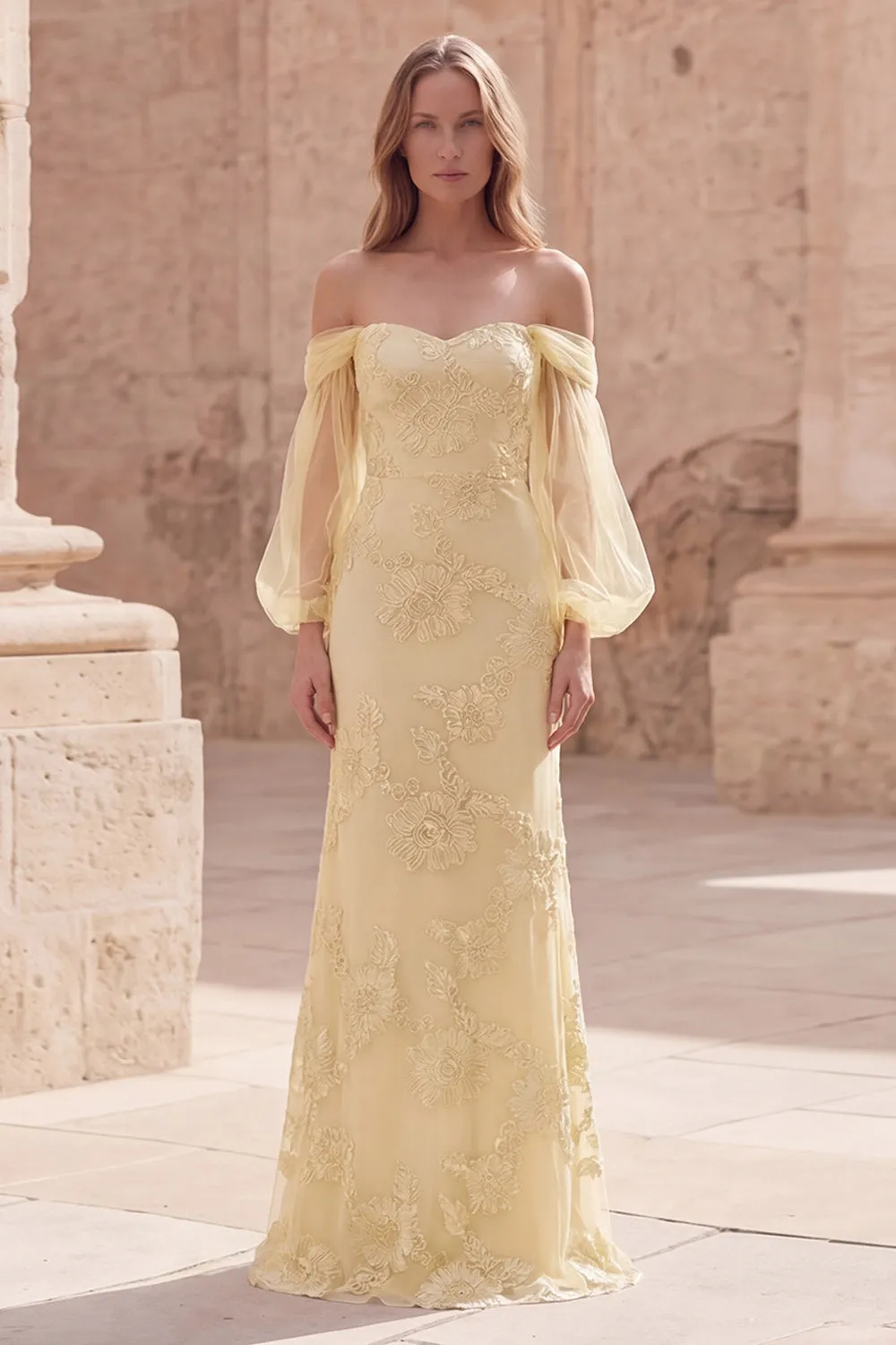 Off the Shoulder Yellow Mermaid Appliqued Long Prom Dress with Sleeves sold by Zapaka
