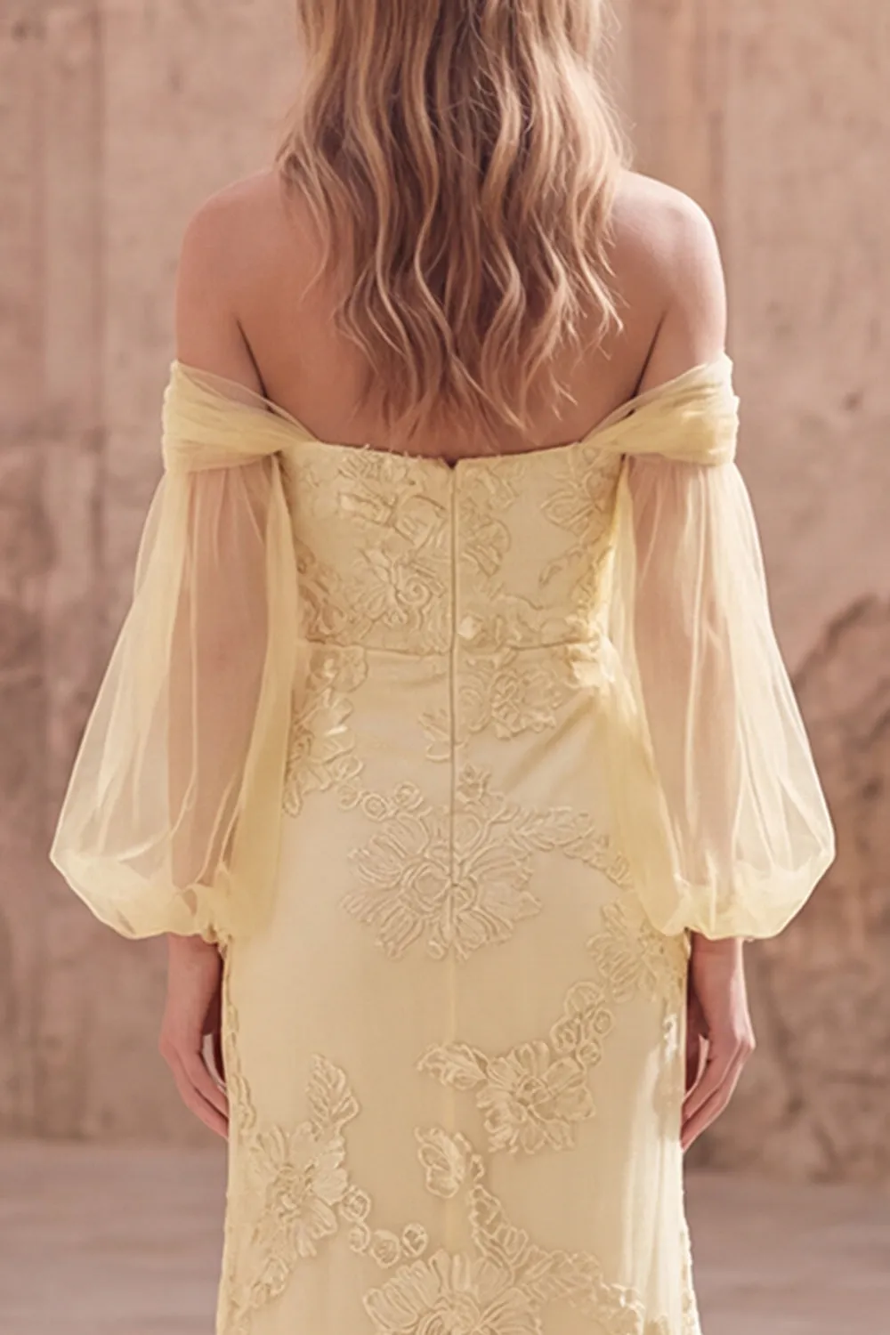 Off the Shoulder Yellow Mermaid Appliqued Long Prom Dress with Sleeves sold by Zapaka product image thumbnail 5