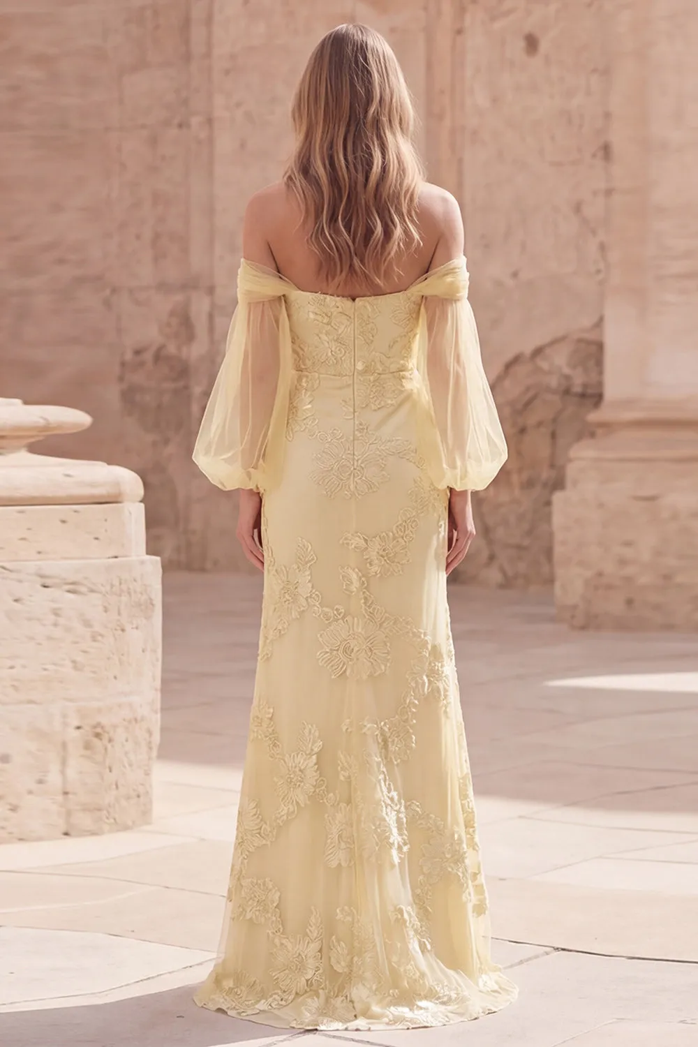 Off the Shoulder Yellow Mermaid Appliqued Long Prom Dress with Sleeves sold by Zapaka product image thumbnail 2