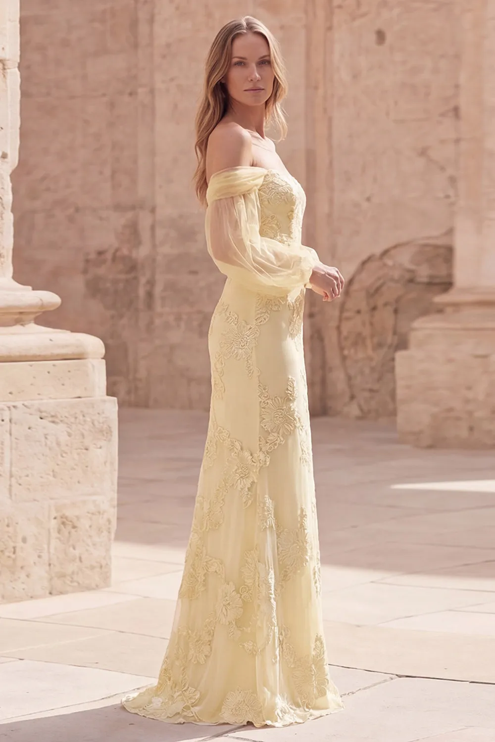 Off the Shoulder Yellow Mermaid Appliqued Long Prom Dress with Sleeves sold by Zapaka product image thumbnail 3