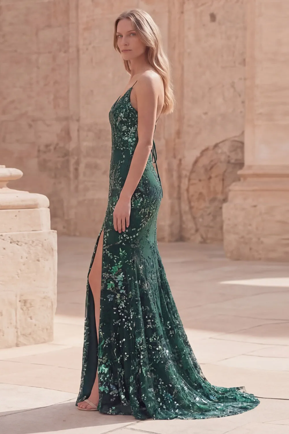 Dark Green Beaded Sequin Mermaid Long Prom Dress with Slit sold by Zapaka product image thumbnail 3