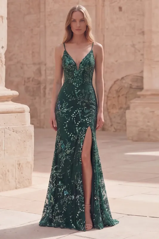 Dark Green Beaded Sequin Mermaid Long Prom Dress with Slit made by Zapaka