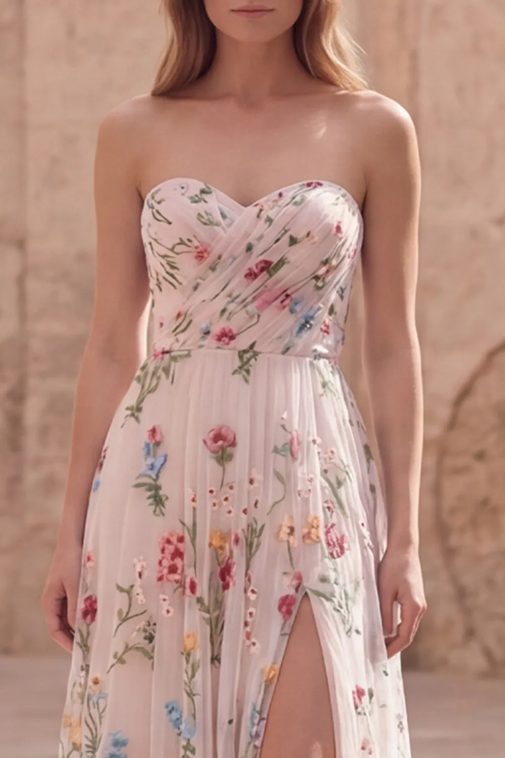 Strapless Ivory Floral A Line Long Prom Dress with Slit sold by Zapaka product image thumbnail 4