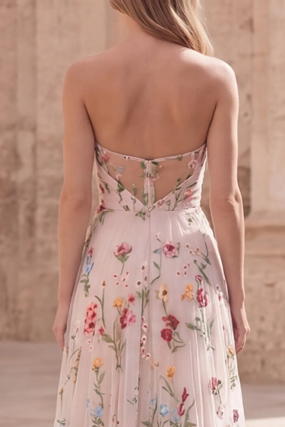 Strapless Ivory Floral A Line Long Prom Dress with Slit sold by Zapaka product image thumbnail 5