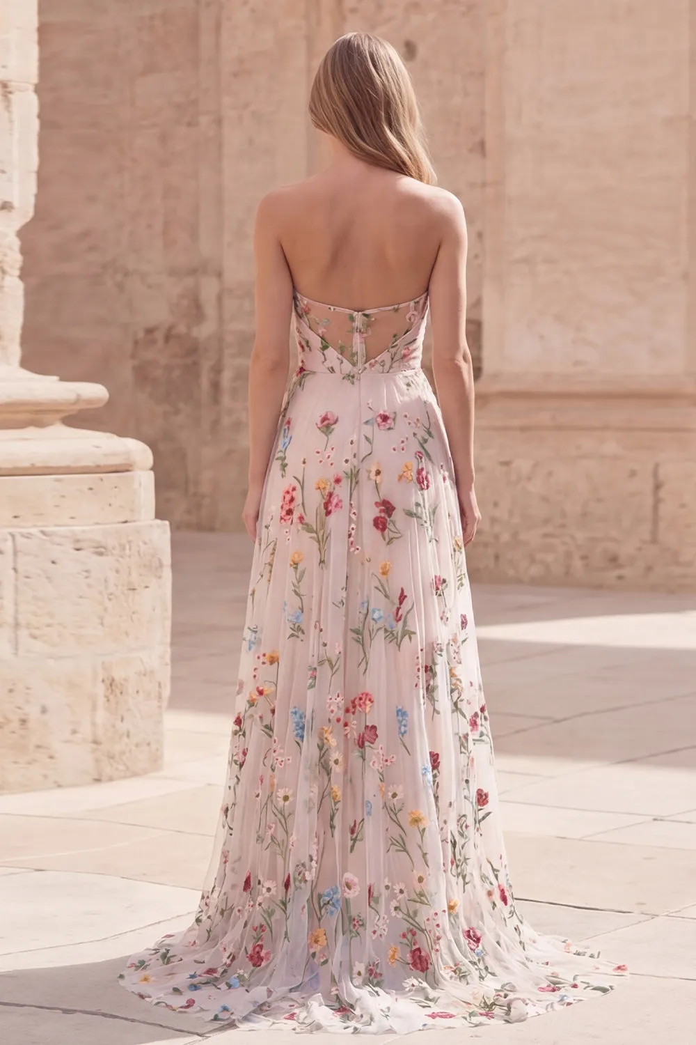 Strapless Ivory Floral A Line Long Prom Dress with Slit sold by Zapaka product image thumbnail 2