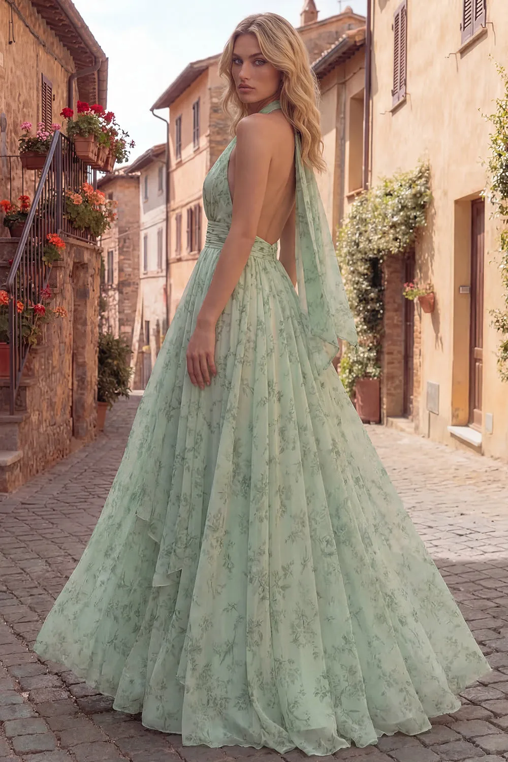 Dusty Sage Floral A Line Halter Chiffon Maxi Dress with Open Back sold by Zapaka product image thumbnail 4