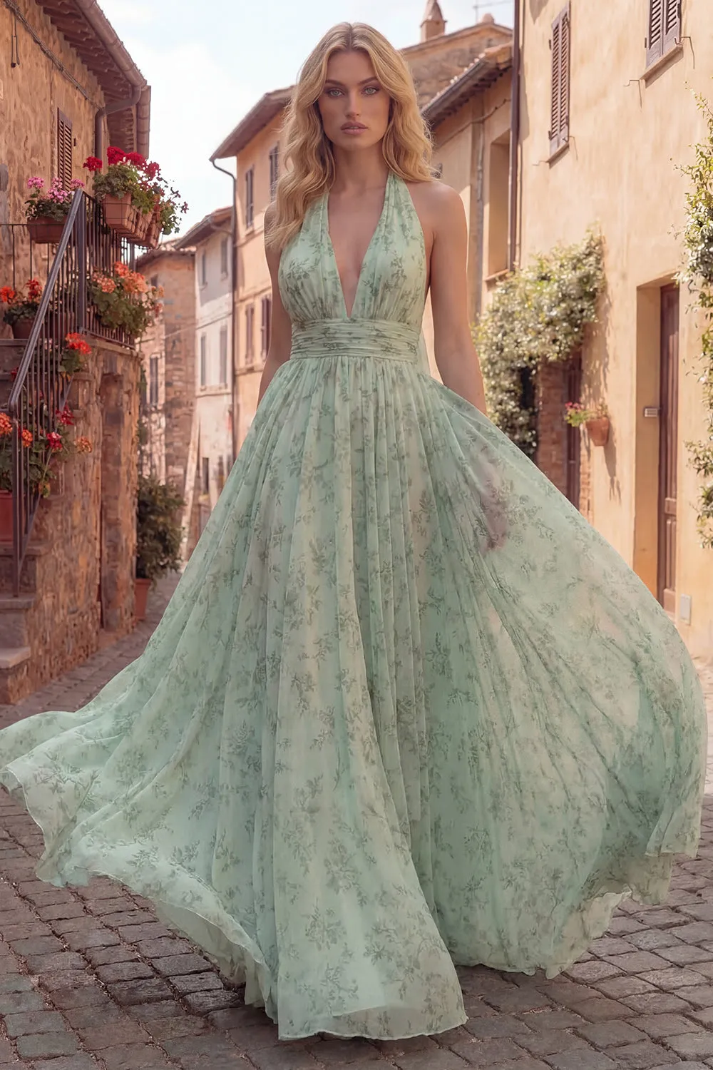 Dusty Sage Floral A Line Halter Chiffon Maxi Dress with Open Back sold by Zapaka