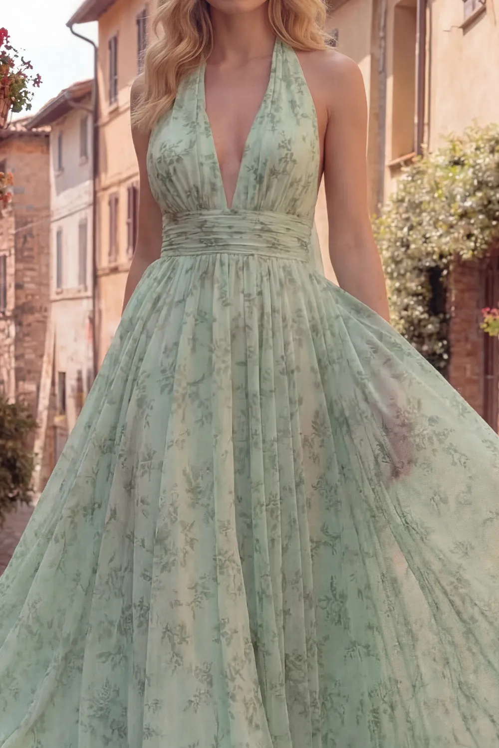 Dusty Sage Floral A Line Halter Chiffon Maxi Dress with Open Back sold by Zapaka product image thumbnail 3