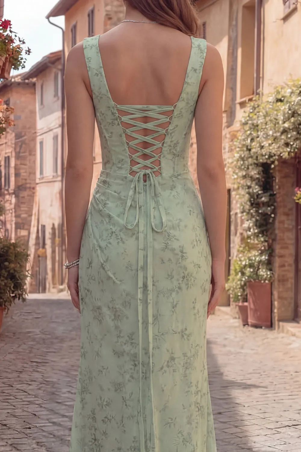 Dusty Sage Mermaid Floral Square Neck Long Prom Dress with Slit sold by Zapaka product image thumbnail 4