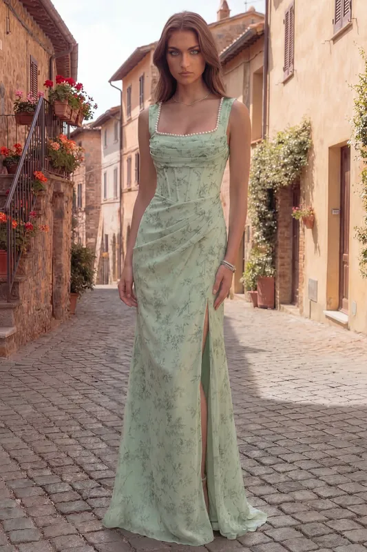 Dusty Sage Mermaid Floral Square Neck Long Prom Dress with Slit made by Zapaka