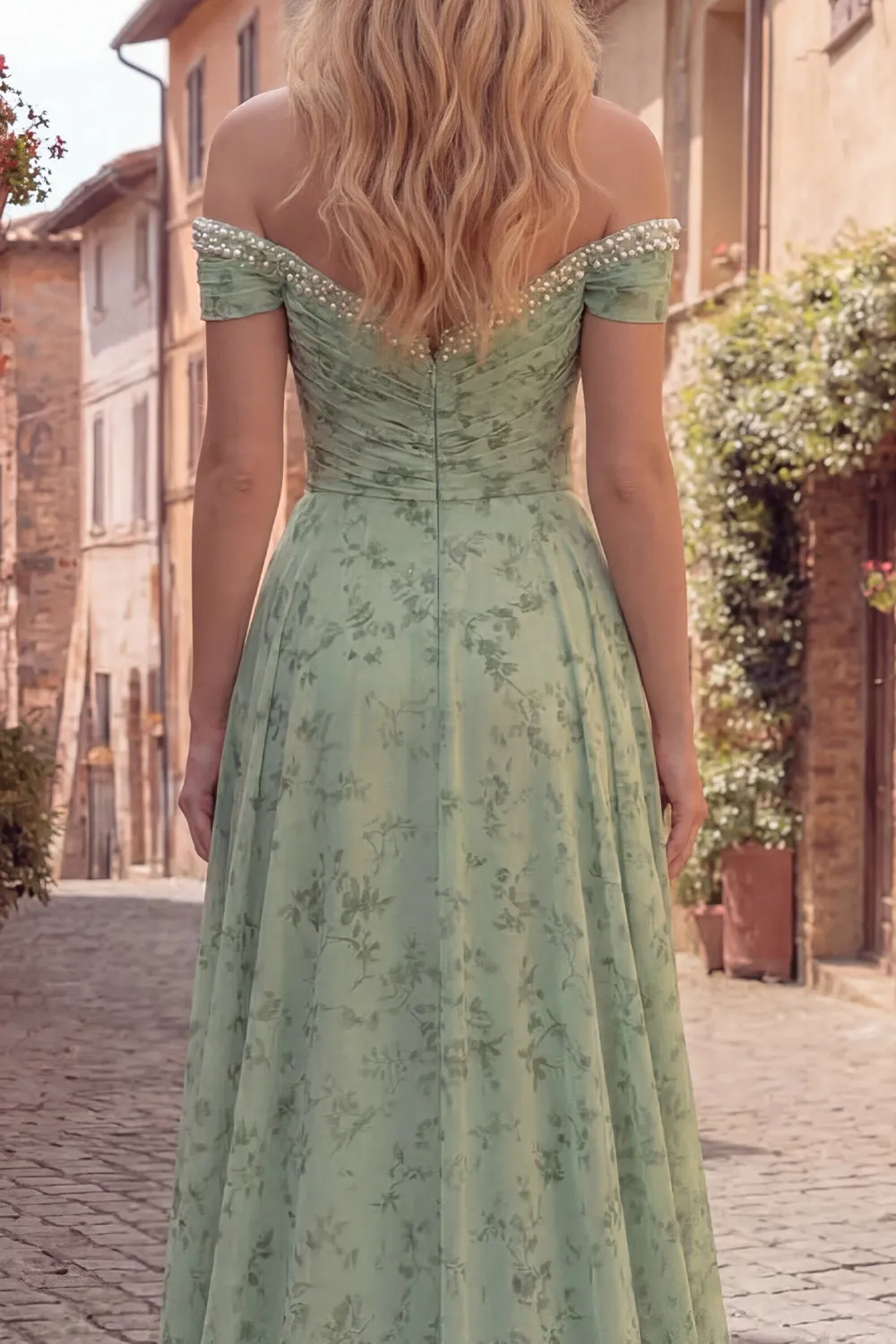 Dusty Sage Off the Shoulder Floral Long Prom Dress with Pearls sold by Zapaka product image thumbnail 4