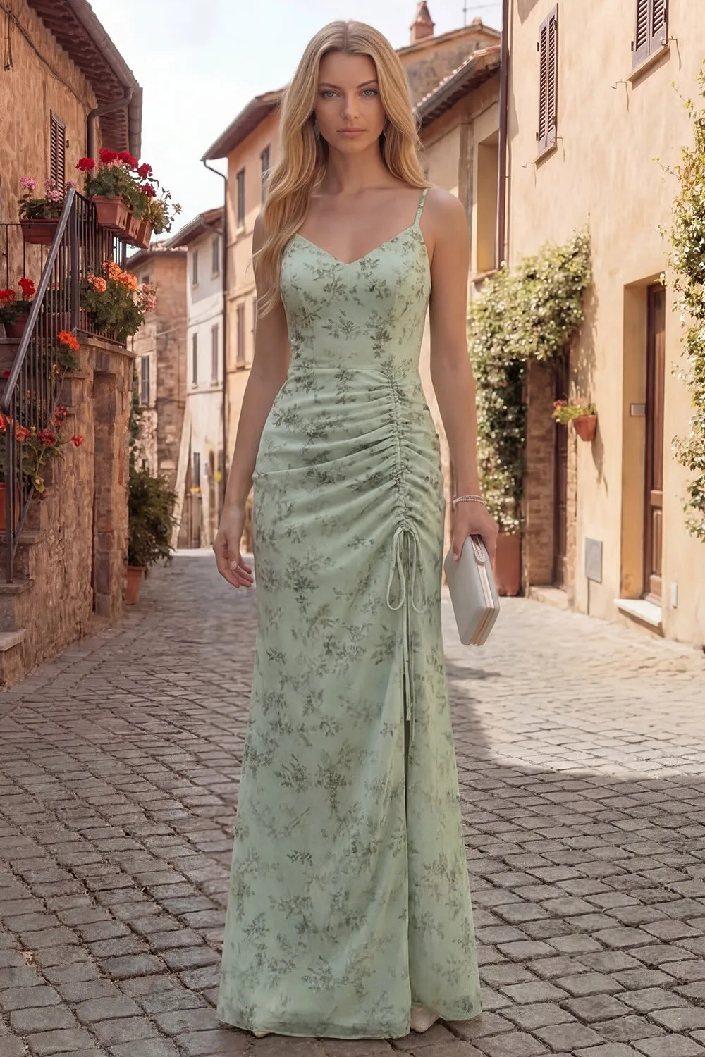 Dusty Sage Floral Mermaid Long Ruched Chiffon Maxi Dress with Slit sold by Zapaka