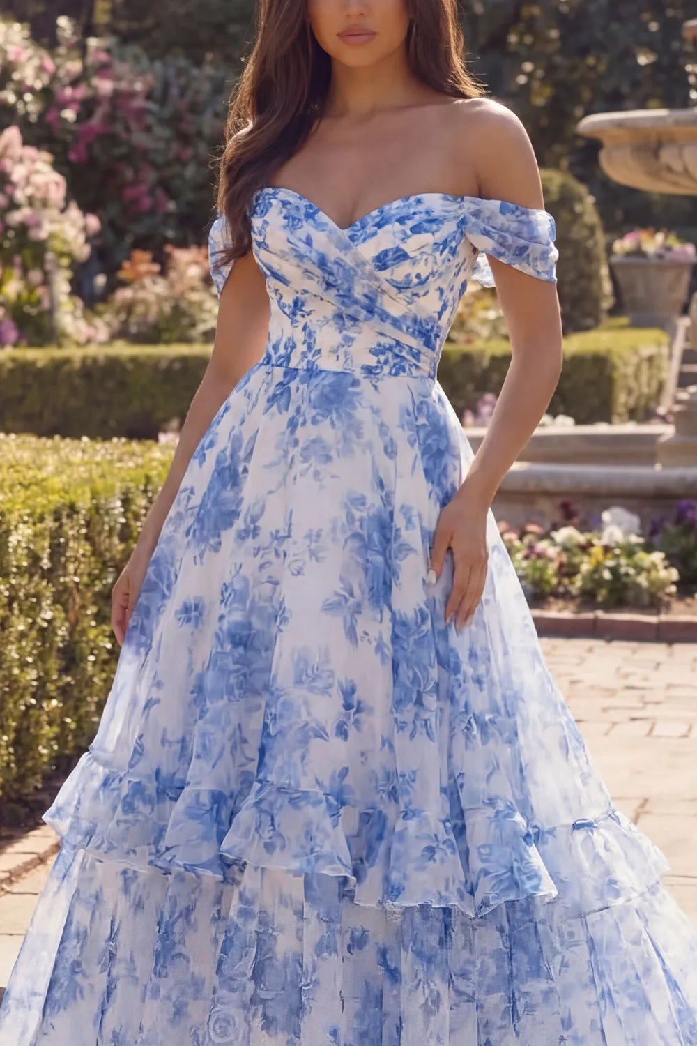 White Blue Flower Off the Shoulder A Line Long Prom Dress with Ruffles sold by Zapaka product image thumbnail 3