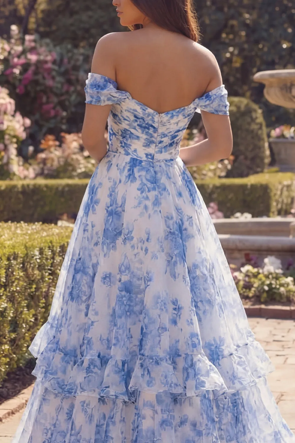 White Blue Flower Off the Shoulder A Line Long Prom Dress with Ruffles sold by Zapaka product image thumbnail 4