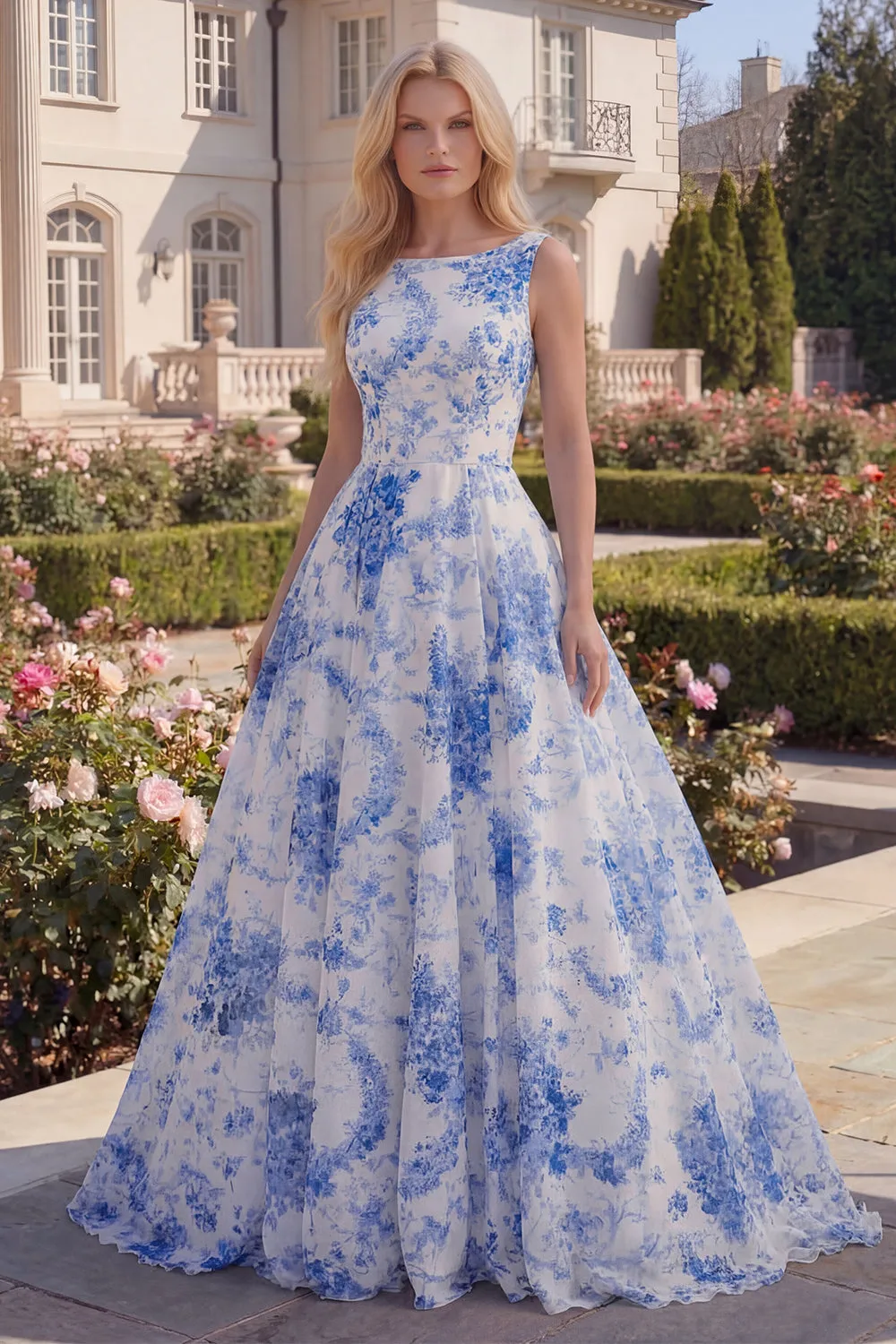 White Blue Flower Boat Neck A Line Long Prom Dress sold by Zapaka product image thumbnail 3