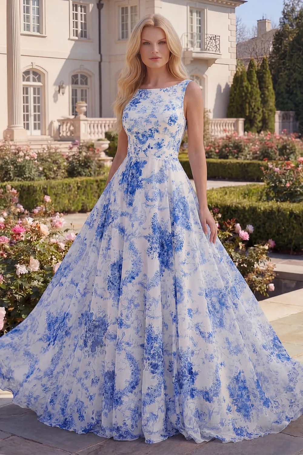 White Blue Flower Boat Neck A Line Long Prom Dress sold by Zapaka