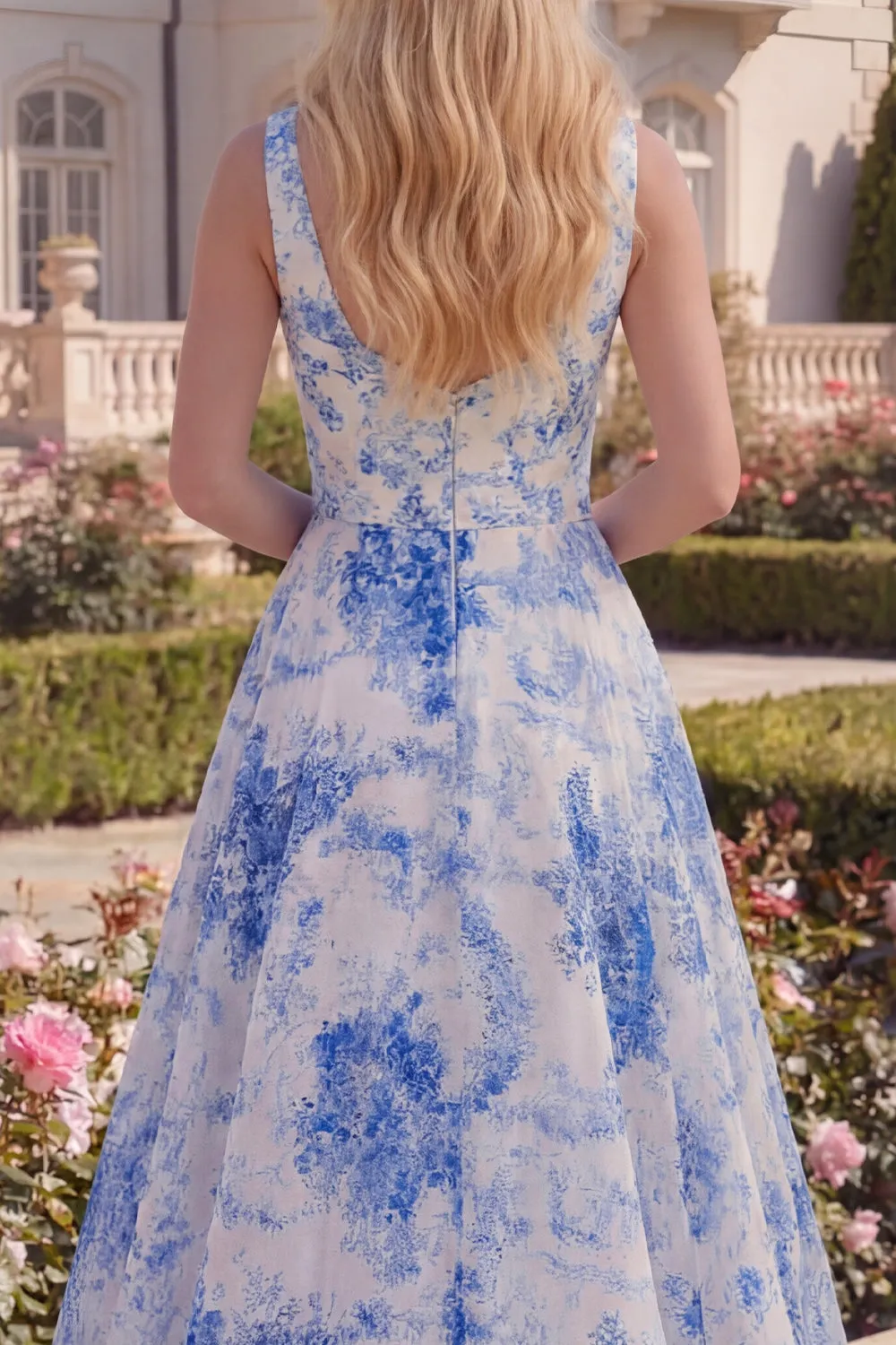 White Blue Flower Boat Neck A Line Long Prom Dress sold by Zapaka product image thumbnail 5