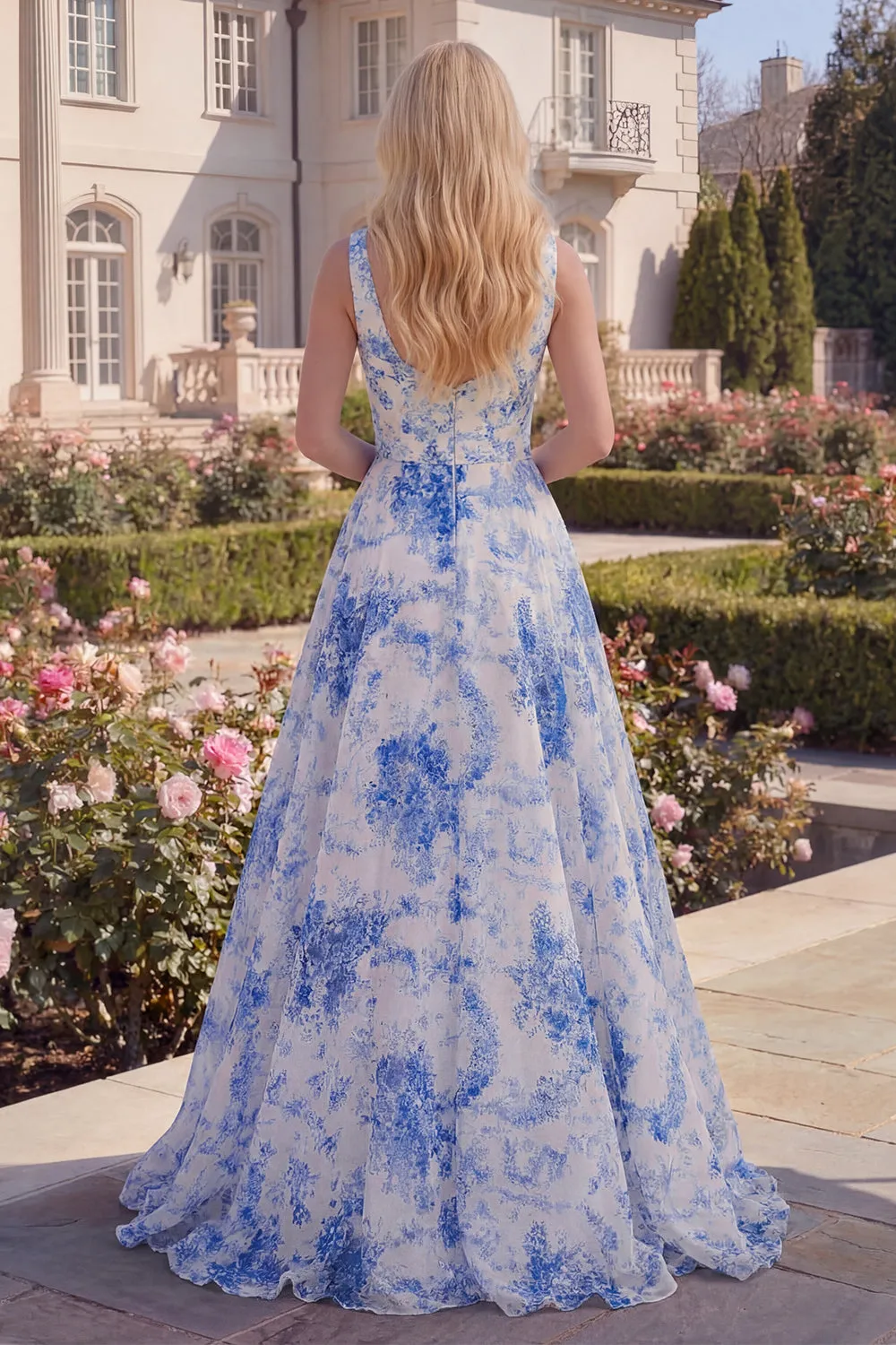 White Blue Flower Boat Neck A Line Long Prom Dress sold by Zapaka product image thumbnail 2