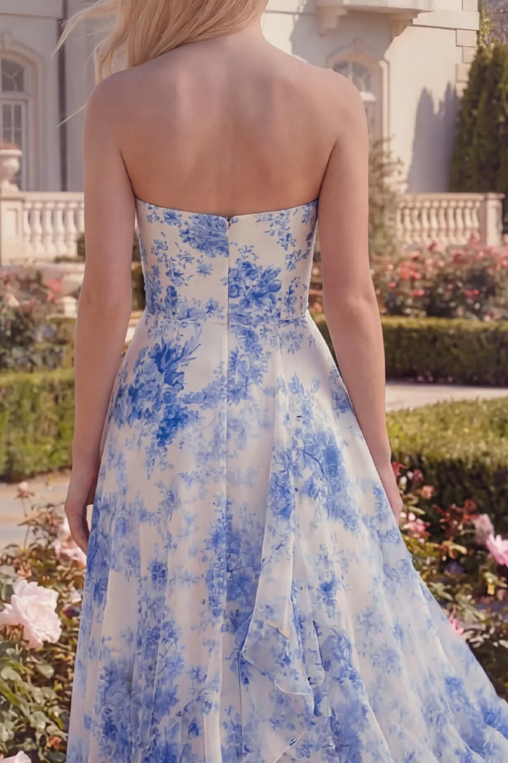 White Blue Flower Ruffled Strapless A Line Long Prom Dress sold by Zapaka product image thumbnail 4