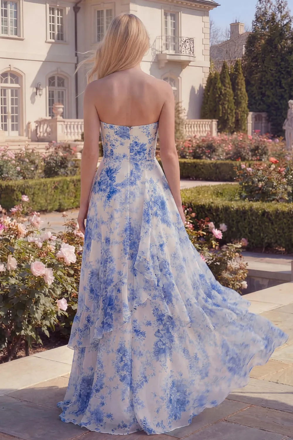 White Blue Flower Ruffled Strapless A Line Long Prom Dress sold by Zapaka product image thumbnail 2