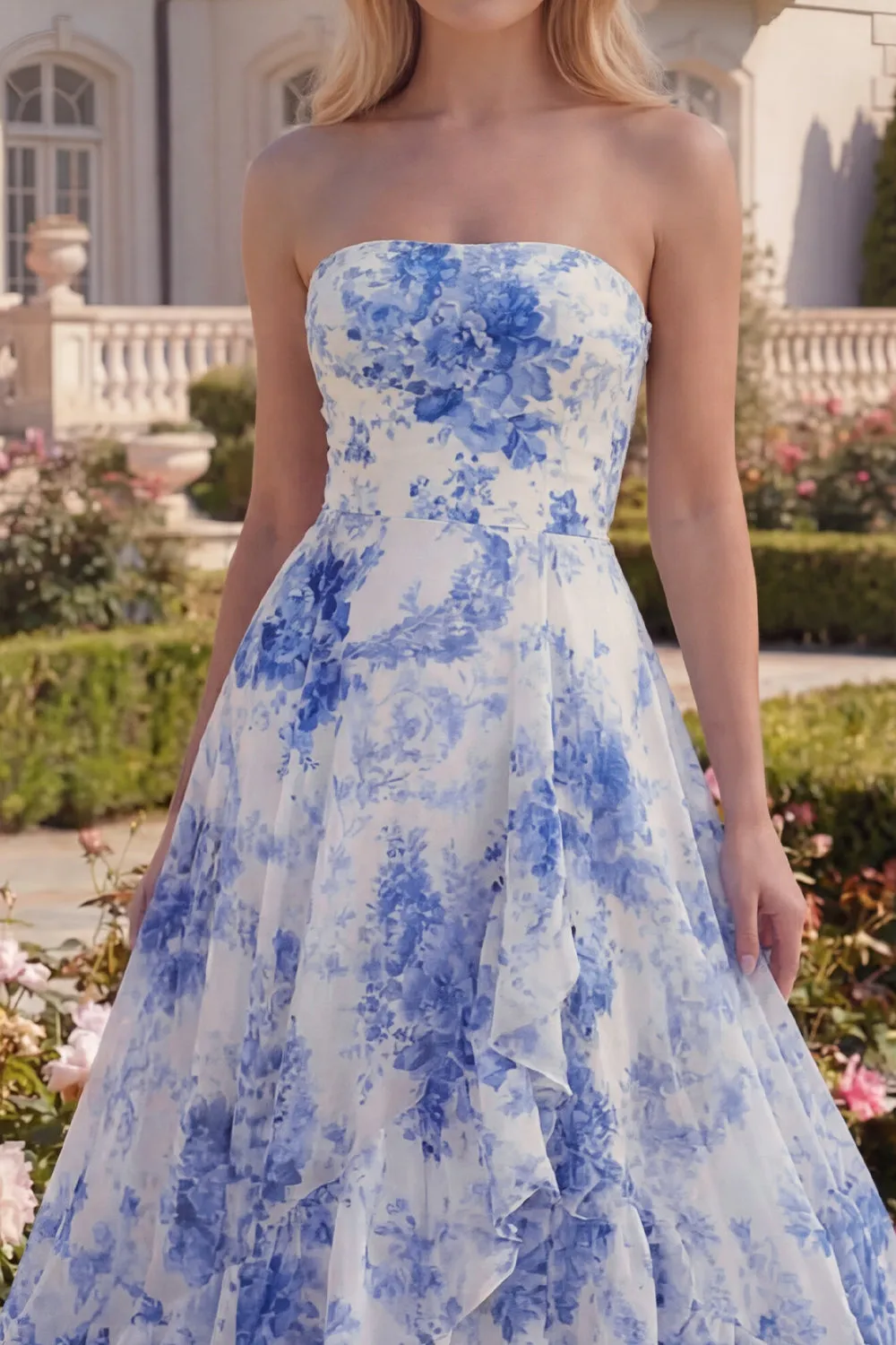 White Blue Flower Ruffled Strapless A Line Long Prom Dress sold by Zapaka product image thumbnail 3