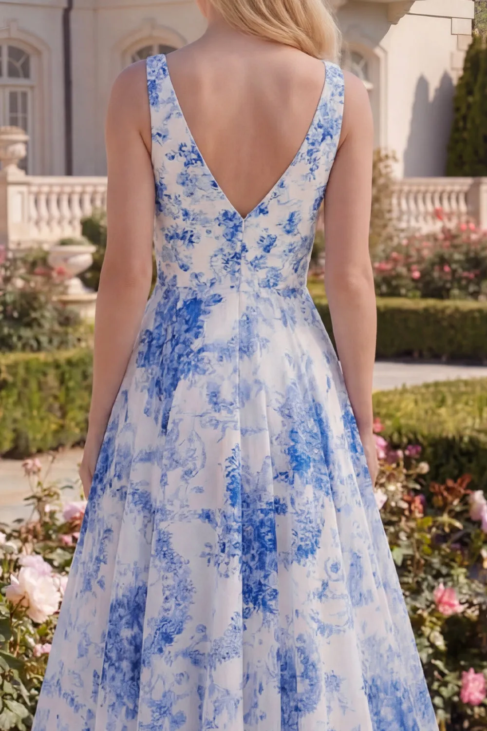 White Blue Flower V-Neck A Line Long Prom Dress sold by Zapaka product image thumbnail 5