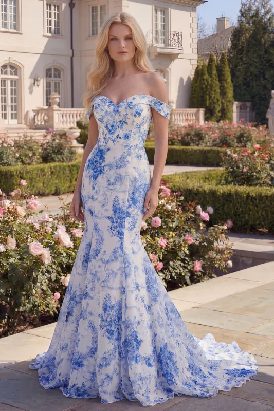 White Blue Flower Mermaid Long Off the Shoulder Prom Dress made by Zapaka