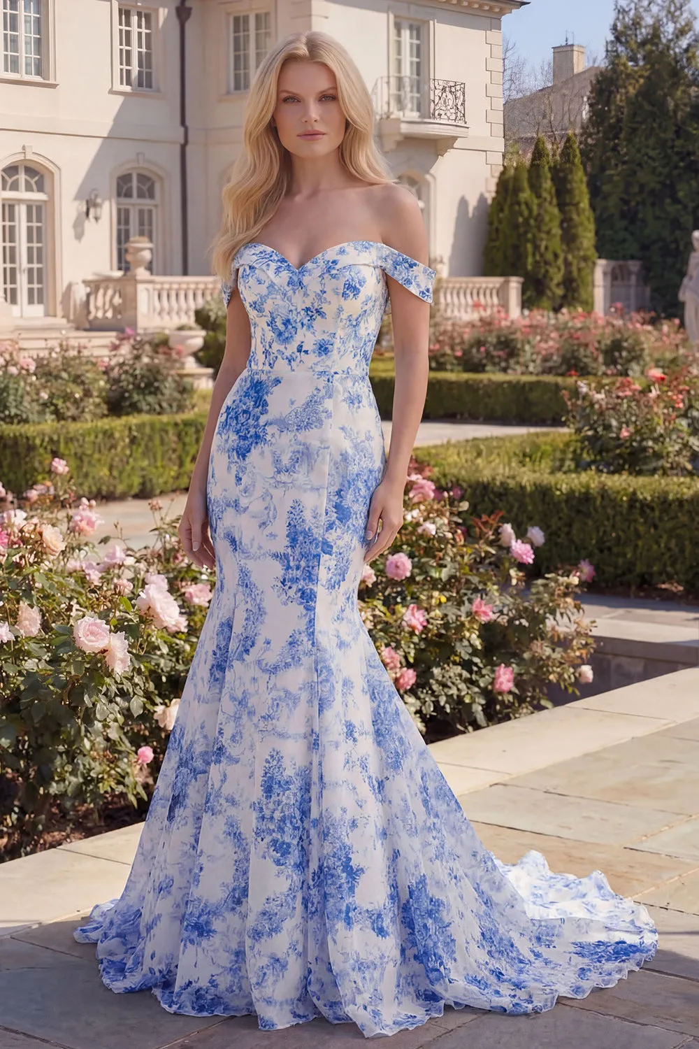 White Blue Flower Mermaid Long Off the Shoulder Prom Dress sold by Zapaka