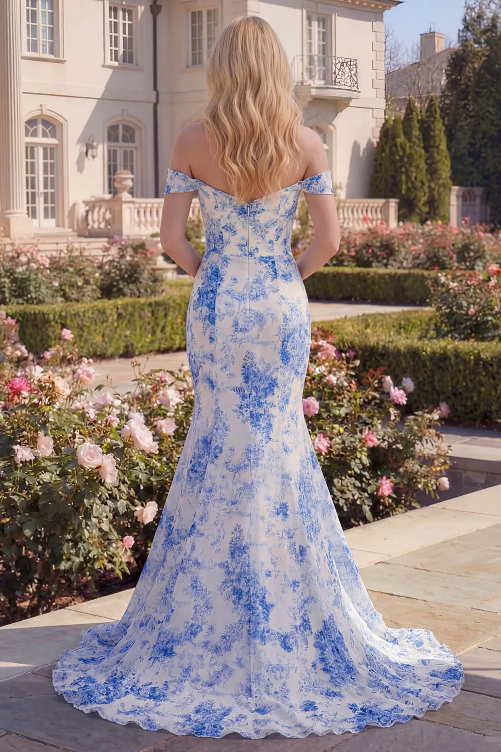 White Blue Flower Mermaid Long Off the Shoulder Prom Dress sold by Zapaka product image thumbnail 2