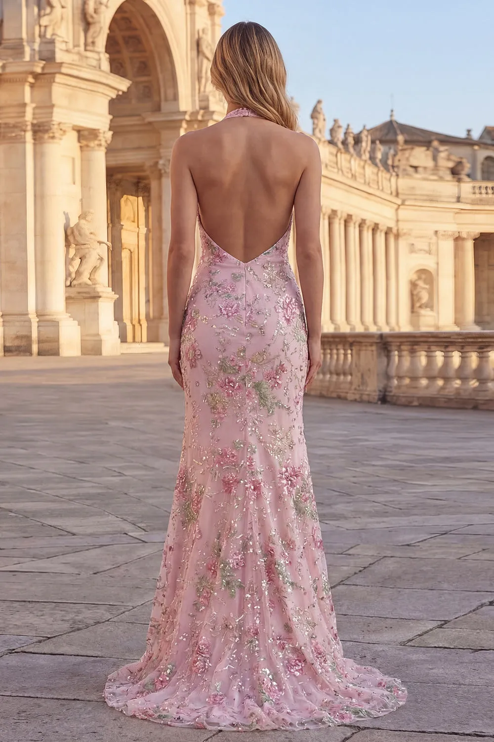 Sparkly Mermaid Pink Floral Halter Neck Backless Long Prom Dress with Slit sold by Zapaka product image thumbnail 2