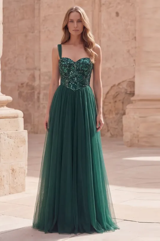 Dark Green A Line Spaghetti Straps Sequin Long Prom Dress made by Zapaka