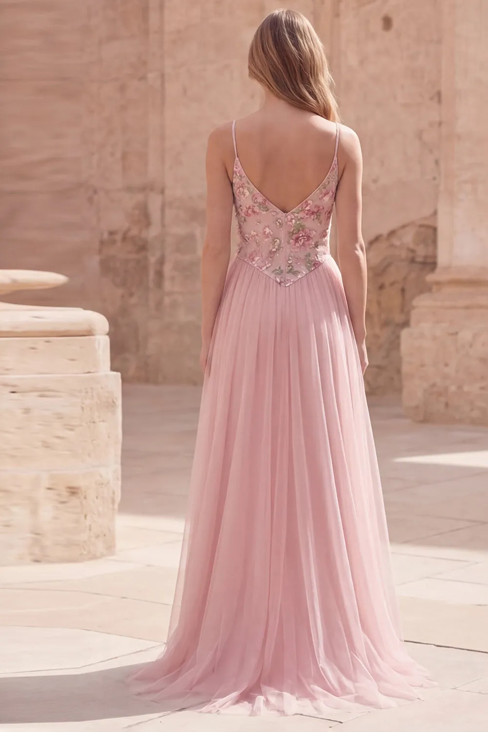 Pink Floral A Line Spaghetti Straps Sequin Long Prom Dress sold by Zapaka product image thumbnail 2