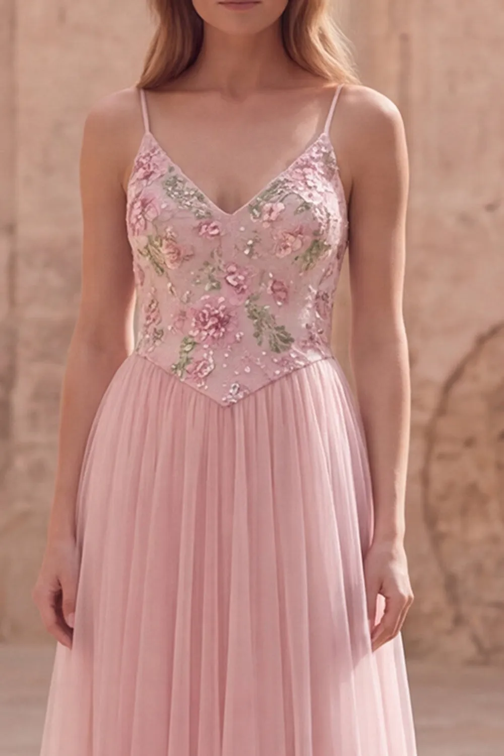 Pink Floral A Line Spaghetti Straps Sequin Long Prom Dress sold by Zapaka product image thumbnail 3