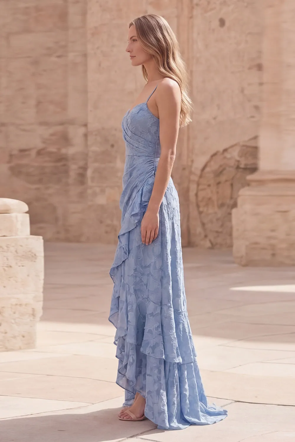 Dusty Blue A Line Floral Long Wedding Guest Dress with Ruffled Slit sold by Zapaka product image thumbnail 3