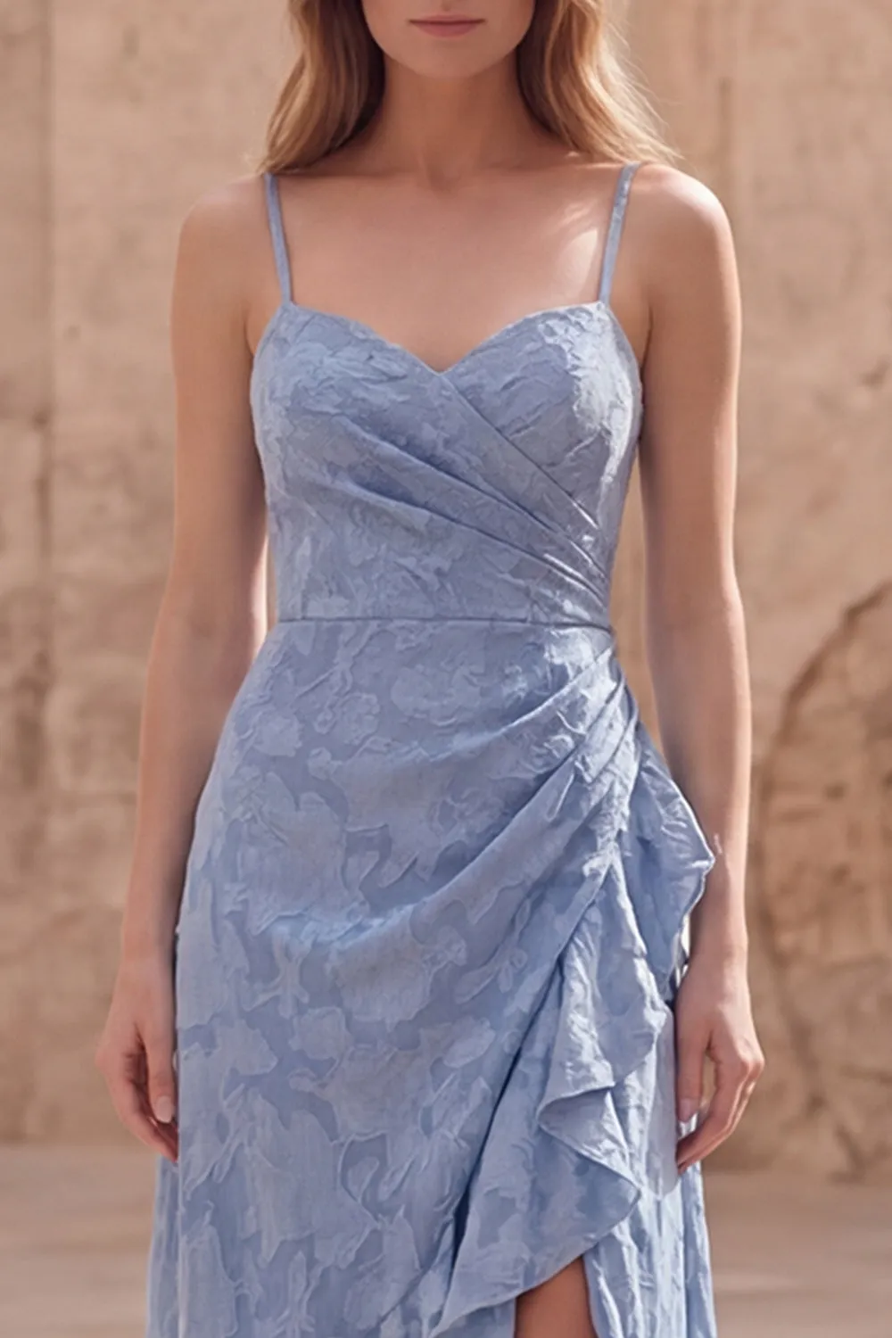Dusty Blue A Line Floral Long Wedding Guest Dress with Ruffled Slit sold by Zapaka product image thumbnail 4