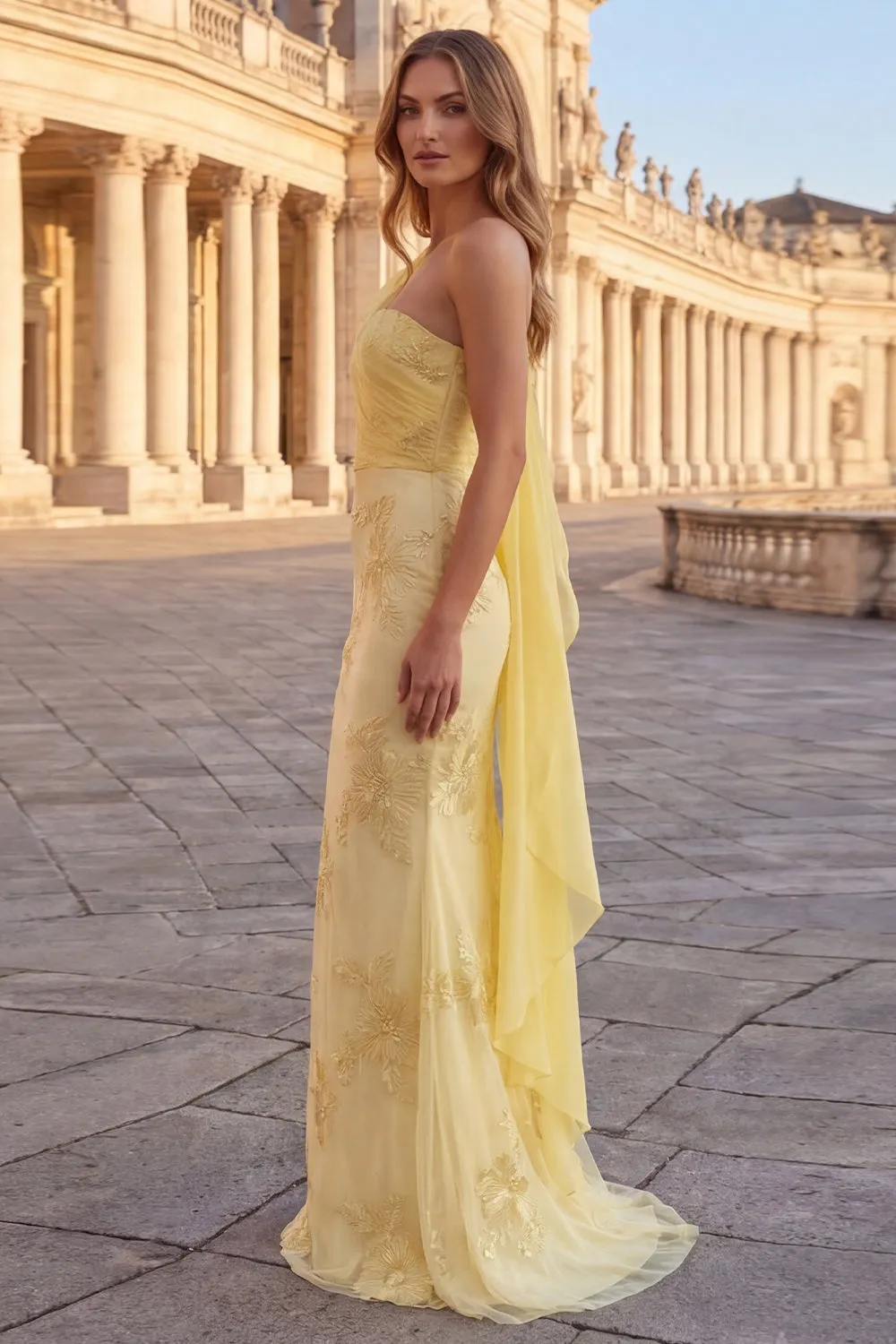 Yellow One Shoulder Mermaid Floral Embroidered Long Prom Dress with Sash sold by Zapaka product image thumbnail 3