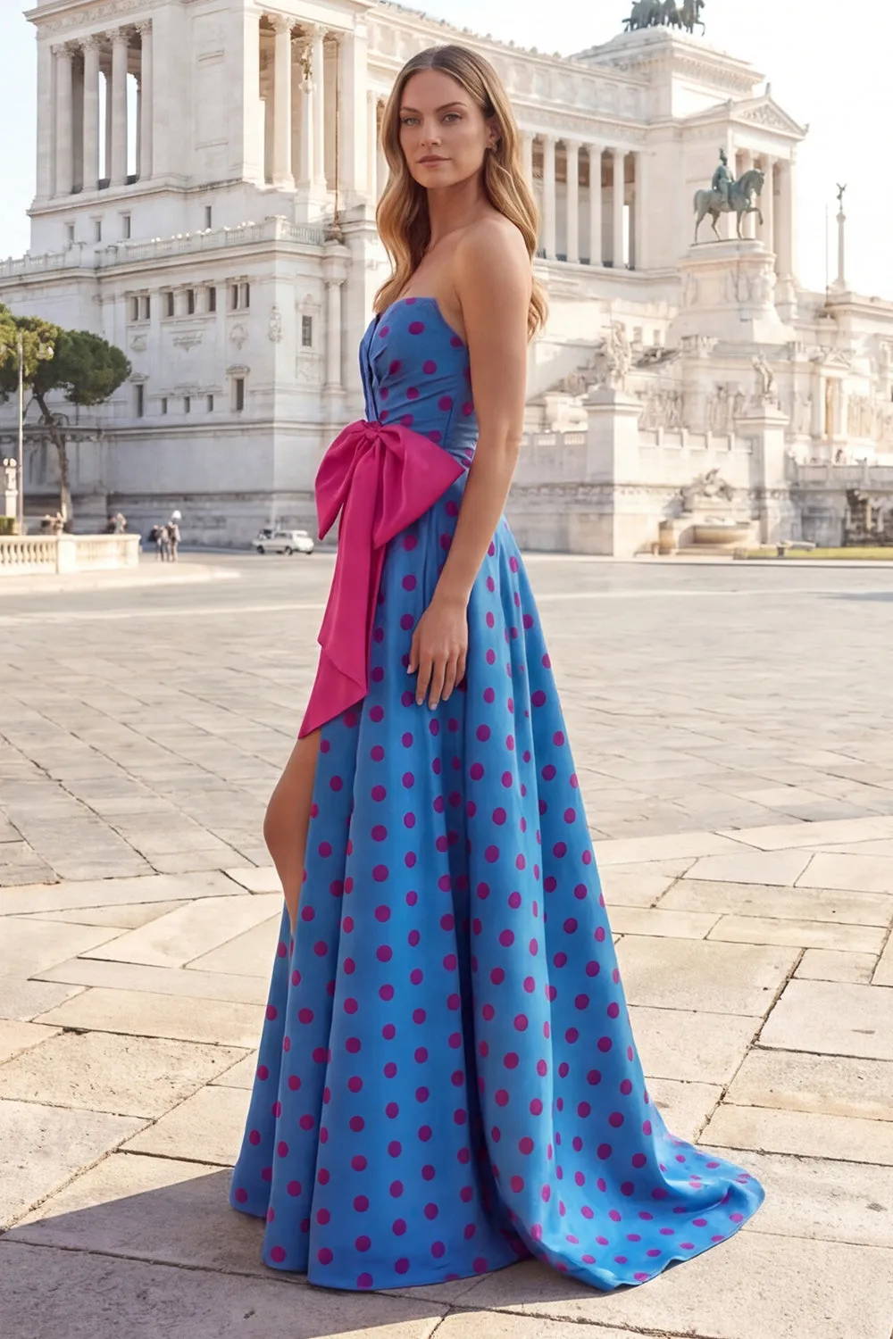 Blue A Line Strapless Bowed Long Polka Dot Dress with Slit sold by Zapaka product image thumbnail 3