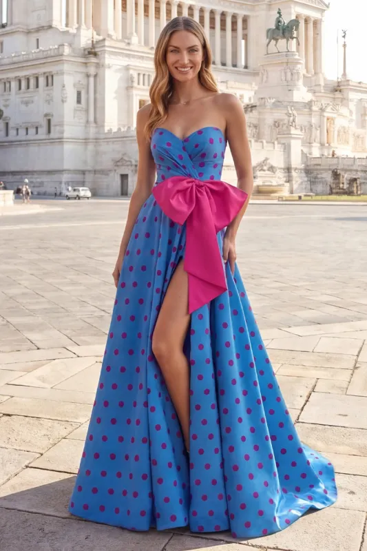 Blue A Line Strapless Bowed Long Polka Dot Dress with Slit made by Zapaka