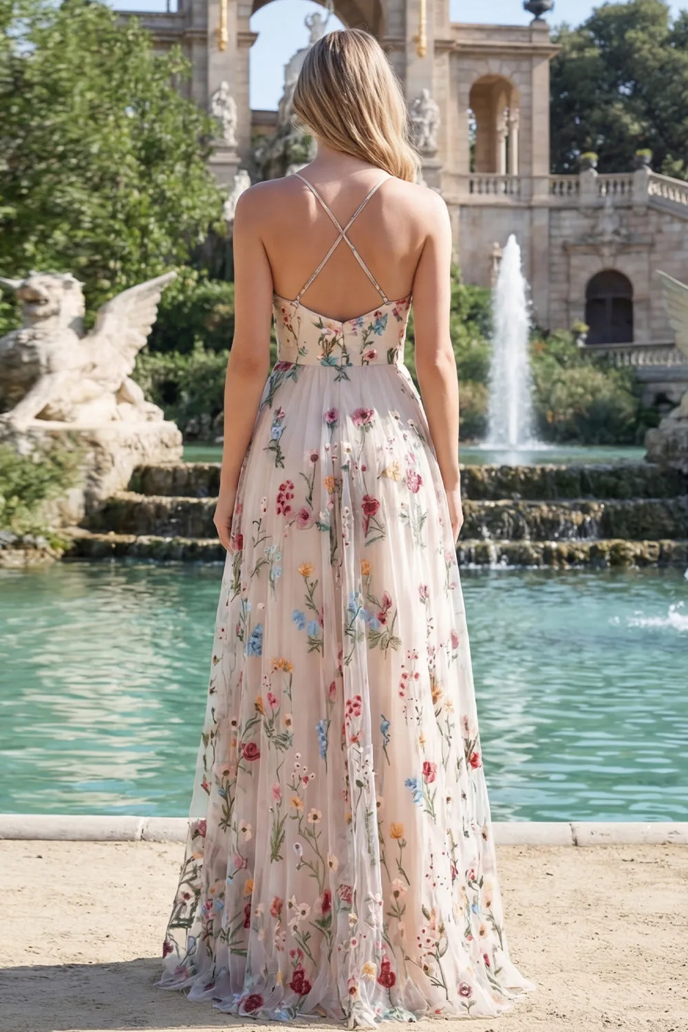 Ivory Flower A Line Spaghetti Straps Long Prom Dress with Slit sold by Zapaka product image thumbnail 2