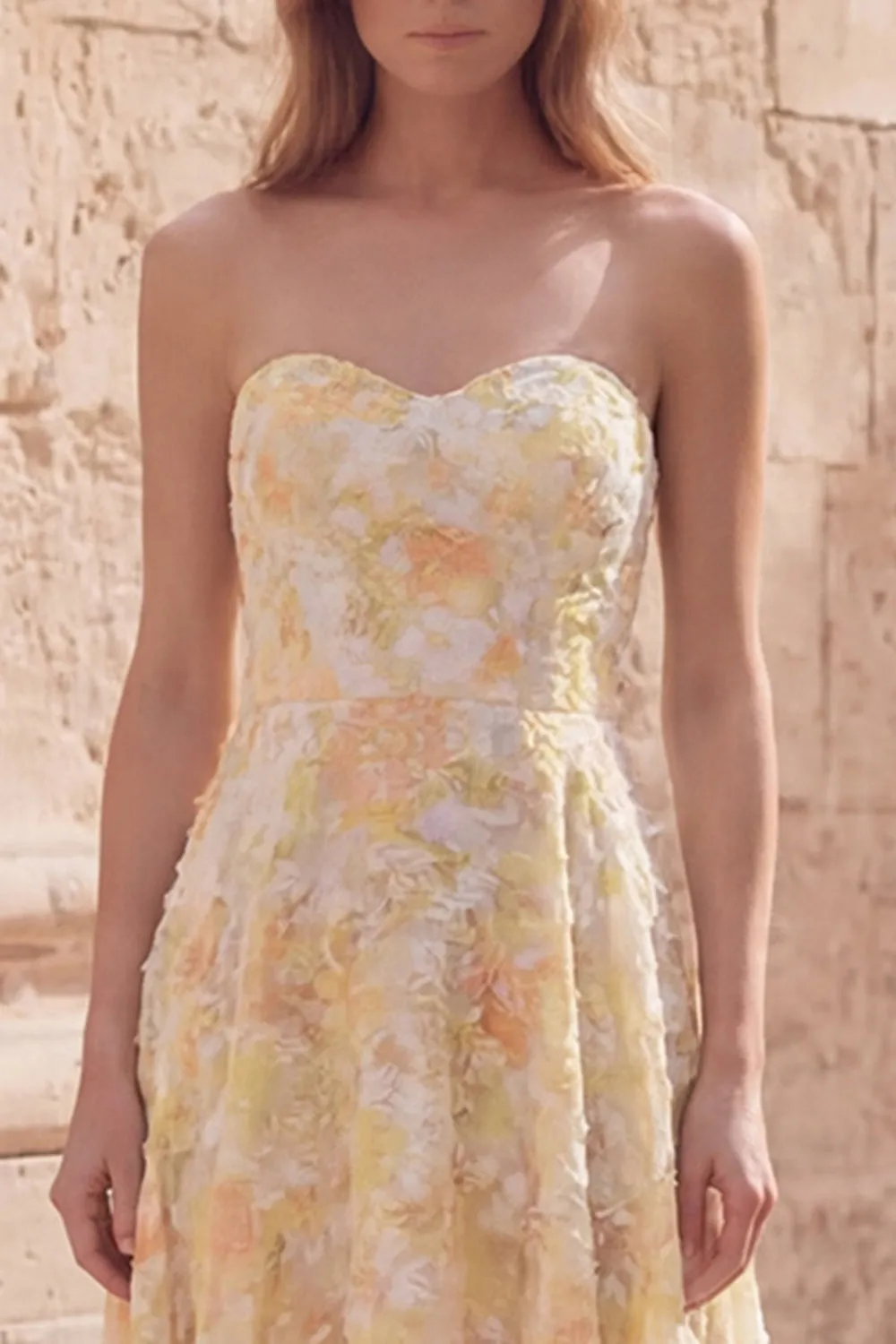 Yellow A-Line Sweetheart Midi Floral Dress with Appliques sold by Zapaka product image thumbnail 4