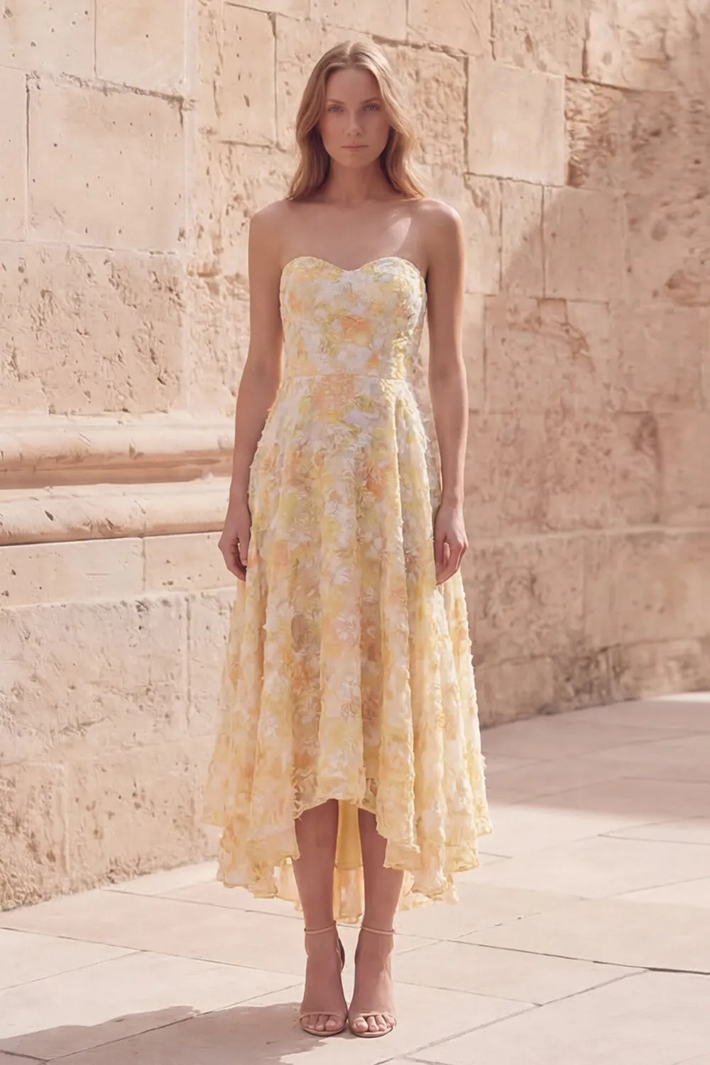 Yellow A-Line Sweetheart Midi Floral Dress with Appliques sold by Zapaka