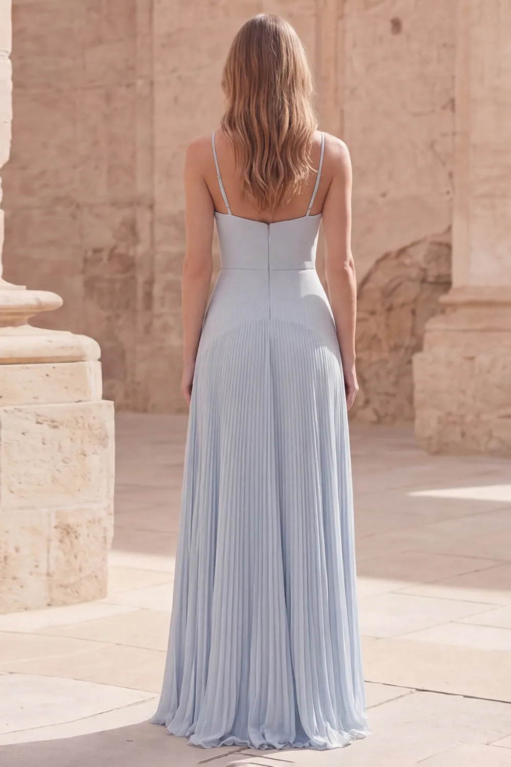 Sky Blue A-Line Spaghetti Straps Pleated Long Prom Dress sold by Zapaka product image thumbnail 2