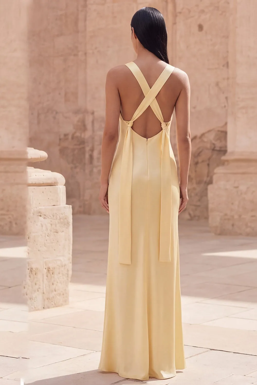 Yellow Spaghetti Straps Sheath Sleeveless Long Satin Dress sold by Zapaka product image thumbnail 2
