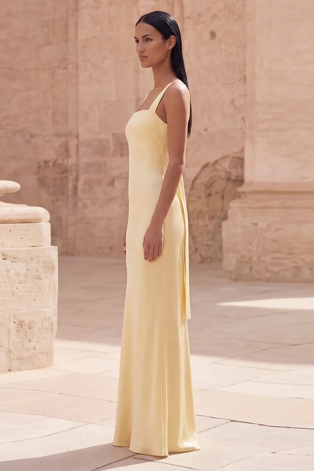 Yellow Spaghetti Straps Sheath Sleeveless Long Satin Dress sold by Zapaka product image thumbnail 3
