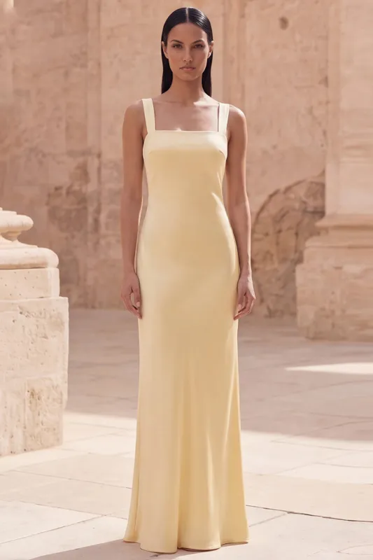 Yellow Spaghetti Straps Sheath Sleeveless Long Satin Dress made by Zapaka