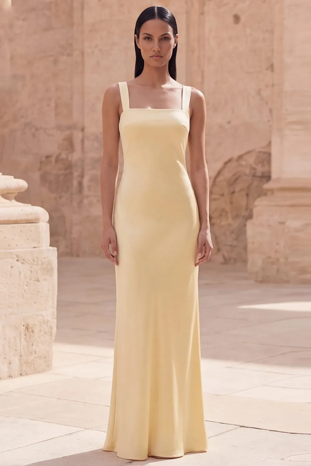 Yellow Spaghetti Straps Sheath Sleeveless Long Satin Dress sold by Zapaka