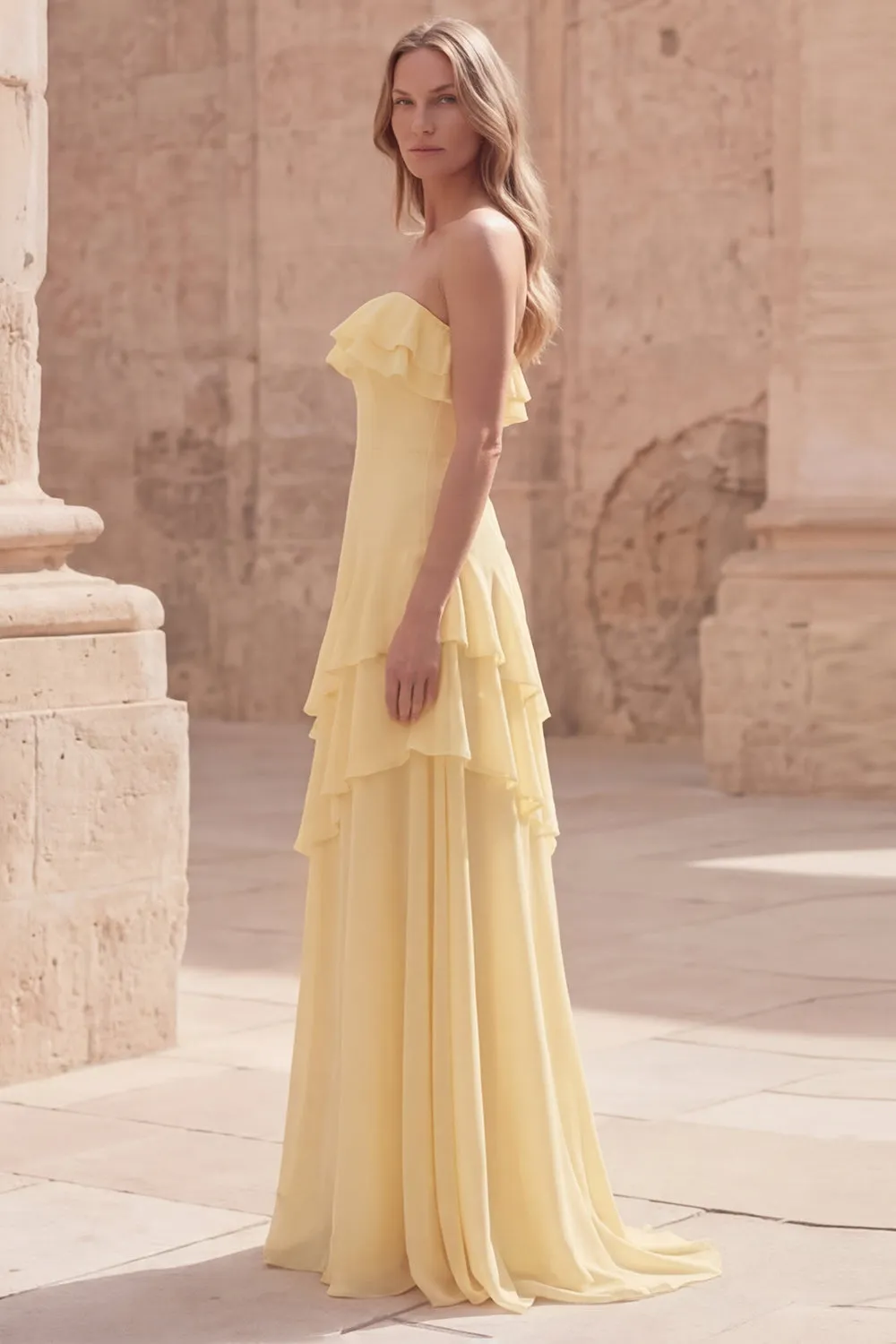 Strapless Yellow A Line Ruffled Long Wedding Guest Dress sold by Zapaka product image thumbnail 3